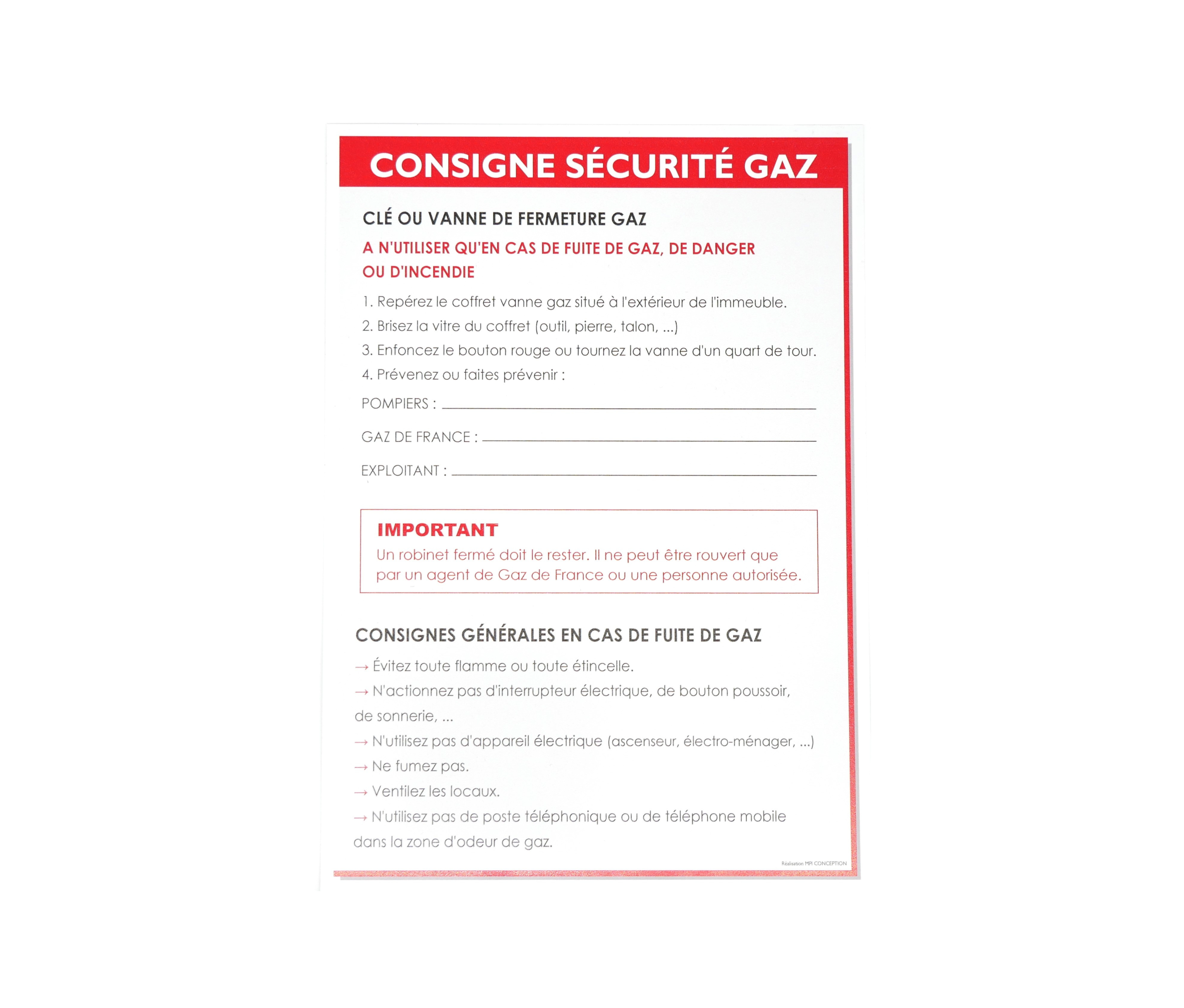 Consigne sécurité GAZ PVC vertical A4